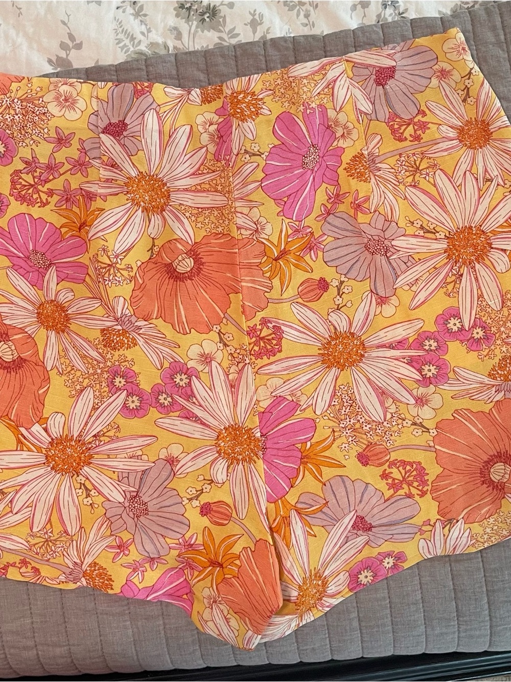H&M Yellow Floral High-Waist Women's Shorts with Pink & Orange Blooms